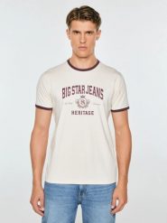 Koszulka męska z kontrastowym nadrukiem perłowa berno 103. Białe t-shirty BIG STAR, l, bez wzorów, z bawełny, bez kołnierzyka, bez ramiączek. Za 99.99 zł.