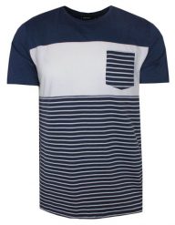 T-Shirt Granatowo-Biały w Paski, z Kieszonką, Męski, Koszulka, Krótki Rękaw, U-neck. Niebieskie bluzki z długim rękawem Porthal, l, bez wzorów, z bawełny, bez kołnierzyka, bez ramiączek. Za 115.00 zł.