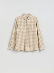 Koszula regular z lnem - beżowy. Brązowe koszule Reserved, l, bez wzorów, z tkaniny, bez kołnierzyka, bez ramiączek. Za 129.99 zł.