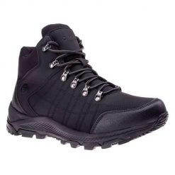Buty męskie turystyczne Hi-Tec MENGELO. Czarne buty turystyczne Hi-tec, bez wzorów, z materiału, przed kolano, bez zapięcia, trekkingowe. Za 234.85 zł.