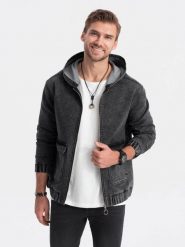 Kurtka jeansowa męska katana z kapturem i kieszeniami cargo – czarna V4 C558 - XXL. Czarne kurtki Ombre Clothing, l, z aplikacjami, z bawełny, z kapturem. W wyprzedaży za 119.99 zł.