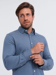Koszula męska SLIM FIT z ozdobnej tkaniny – niebieska V1 OM-SHCS-0175 - XXL. Niebieskie koszule Ombre Clothing, l, z aplikacjami, z bawełny, bez kołnierzyka, bez ramiączek. W wyprzedaży za 119.99 zł.