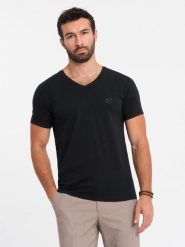 T-shirt męski V-neck SLIM FIT z elastanem i printem – czarny V1 OM-TSBC-0221 - XXL. Czarne t-shirty Ombre Clothing, l, bez wzorów, z bawełny, bez kołnierzyka, bez ramiączek. W wyprzedaży za 39.99 zł.