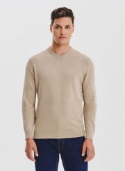 PAKO LORENTE - Beżowy sweter męski v-neck. Brązowe swetry nierozpinane Pako Lorente, na jesień, m, bez wzorów, z bawełny, bez kołnierzyka, bez ramiączek. Za 199.99 zł.