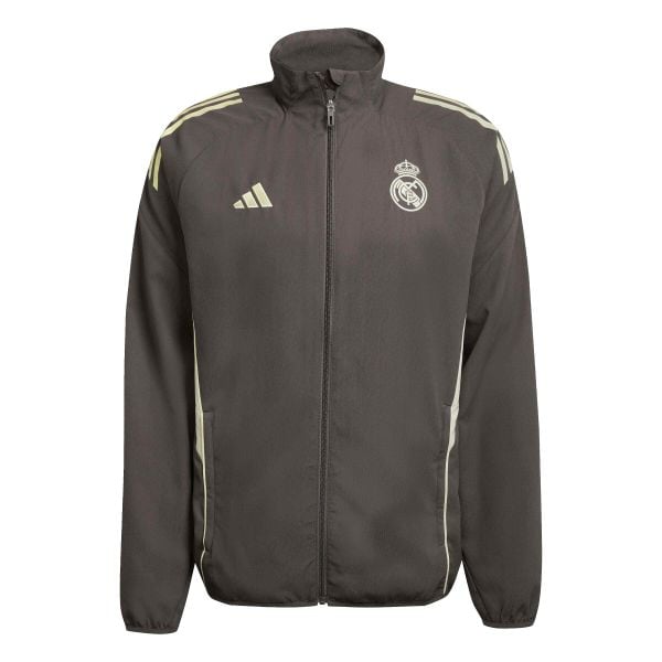 Kurtka dresowa Prematch Real Madrid 2025/26. Szare kurtki Adidas, bez wzorów, z dresówki, bez kaptura. W wyprzedaży za 332.55 zł.
