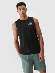 4F Tank top regular z nadrukiem męski - czarny M. Czarne bezrękawniki 4F, m, bez wzorów, z bawełny, bez kołnierzyka, bez ramiączek. W wyprzedaży za 39.99 zł.