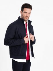 Kurtka męska Harrington ze stójką i podszewką w kratę - granatowa V2 OM-JANP-0176 - XXL. Niebieskie kurtki Ombre Clothing, m, bez wzorów, z bawełny, bez kaptura. W wyprzedaży za 119.99 zł.