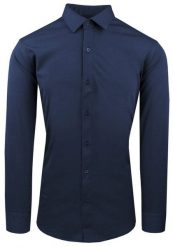 Męska Koszula z Dzianinowej Tkaniny - Krój Taliowany - Ciemny Niebieski. Niebieskie koszule Pazzani, m, bez wzorów, z bawełny, bez kołnierzyka, bez ramiączek. Za 199.00 zł.