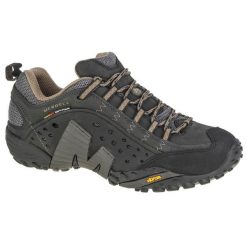 Buty trekkingowe męskie, Merrell Intercept. Czarne buty turystyczne Merrell, bez wzorów, z materiału, przed kostkę, bez zapięcia, trekkingowe. Za 599.30 zł.