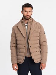 Pikowana męska kurtka o kroju marynarki – beżowa V5 OM-JALP-0188 - XXL. Brązowe kurtki Ombre Clothing, l, z aplikacjami, z gumy, bez kaptura. W wyprzedaży za 169.99 zł.