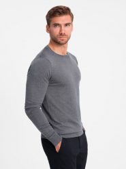 Klasyczny sweter męski z wiskozą BASIC z okrągłym dekoltem – szary melanż V1 OM-SWBS-0106 - XXL. Szare swetry nierozpinane Ombre Clothing, l, bez wzorów, z dzianiny, bez kołnierzyka, bez ramiączek. W wyprzedaży za 89.99 zł.