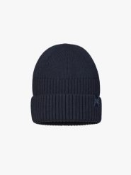 Granatowa prążkowana czapka. Niebieskie czapki zimowe Ryłko, bez wzorów, z nylonu. Za 49.99 zł.