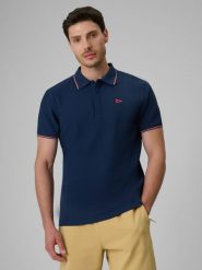4F Koszulka polo regular męska - granatowa S. Niebieskie koszulki polo 4F, m, bez wzorów, z bawełny, bez kołnierzyka, bez ramiączek. Za 99.99 zł.