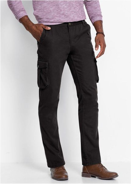 Spodnie bojówki, regular fit, straight, z elastycznym pasem. Czarne joggery i bojówki bonprix, m, bez wzorów, z obniżonym stanem. Za 129.99 zł.