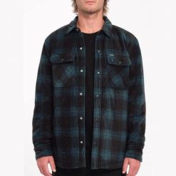 Koszula Volcom Bowered LS czarno-zielona. Zielone koszule Volcom, bez wzorów, bez kołnierzyka, bez ramiączek. Za 465.26 zł.