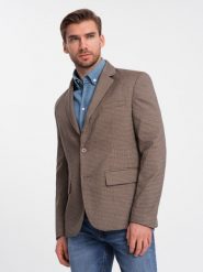 Marynarka męska casual w delikatną kratkę - brązowa V1 OM-BLZB-0116 - XL. Brązowe garnitury Ombre Clothing, na co dzień, l, bez wzorów, z poliesteru, casualowe. W wyprzedaży za 149.99 zł.