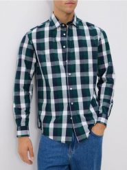 Koszula regular fit w kratę - ciemnozielony. Zielone koszule Reserved, l, bez wzorów, z bawełny, bez kołnierzyka, bez ramiączek. W wyprzedaży za 69.99 zł.