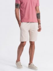 Spodenki męskie dzianinowe ze ściągaczem i kieszeniami - jasnobeżowe V1 OM-SRBS-0139 - XXL. Brązowe krótkie spodenki sportowe Ombre Clothing, l, bez wzorów, z bawełny. Za 83.99 zł.