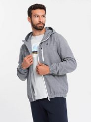 Lekka sportowa męska kurtka z polarową podszewką – szara V3 OM-JANP-0136 - XXL. Szare kurtki przejściowe Ombre Clothing, l, z aplikacjami, z gumy. W wyprzedaży za 189.99 zł.
