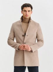 PAKO LORENTE – Beżowy płaszcz z wełną. Brązowe płaszcze Pako Lorente, na zimę, m, bez wzorów, z poliesteru, bez kaptura. Za 699.99 zł.