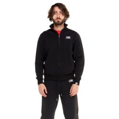 Bluza z zamek błyskawiczny na siłownia na czas wolny. Czarne bluzy LEONE 1947 APPAREL, bez wzorów, z bawełny, bez kaptura. W wyprzedaży za 124.24 zł.