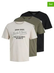 Jack & Jones Koszulki (3 szt.) "Jjethan" w kolorze oliwkowo-czarno-kremowym rozmiar: L. Brązowe bezrękawniki Jack & Jones, l, bez wzorów, z bawełny, bez kołnierzyka, bez ramiączek. Za 104.89 zł.