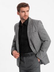 Męska marynarka casual z ozdobnym pinem na klapie - szary melanż V1 OM-BLZB-0120 - XL. Szare garnitury Ombre Clothing, na co dzień, m, bez wzorów, z poliesteru, casualowe. W wyprzedaży za 139.99 zł.