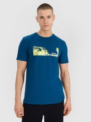 4F T-shirt regular z nadrukiem męski - turkusowy XXL. Niebieskie t-shirty 4F, m, bez wzorów, z bawełny, bez kołnierzyka, bez ramiączek. Za 59.99 zł.