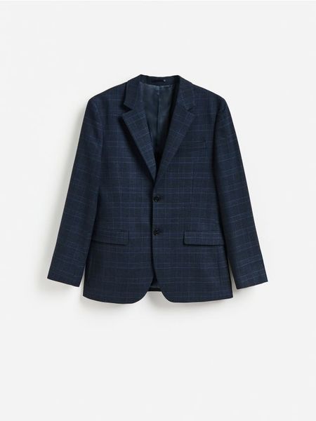 Marynarka regular fit z dodatkiem wiskozy - granatowy. Niebieskie garnitury Reserved, l, bez wzorów, z tkaniny. Za 359.99 zł.
