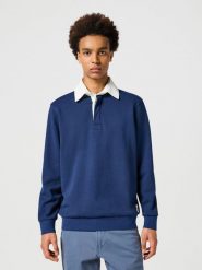 WRANGLER MĘSKA KOSZULKA POLO SWEATSHIRT NAVY 112357373 W7U5017358. Niebieskie koszulki polo Wrangler, l, bez wzorów, bez kołnierzyka, bez ramiączek. Za 99.99 zł.