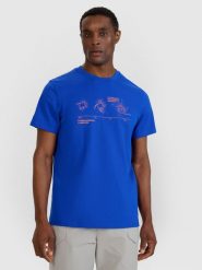 4F T-shirt regular z nadrukiem męski - niebieski L. Niebieskie t-shirty 4F, l, bez wzorów, z bawełny, bez kołnierzyka, bez ramiączek. Za 59.99 zł.