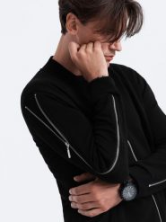 Bluza męska bomberka z ozdobnymi zamkami na rękawach AMSTERDAM - czarna B1367 - XXL. Czarne bluzy Ombre Clothing, m, z aplikacjami, z bawełny, bez kaptura. W wyprzedaży za 129.99 zł.
