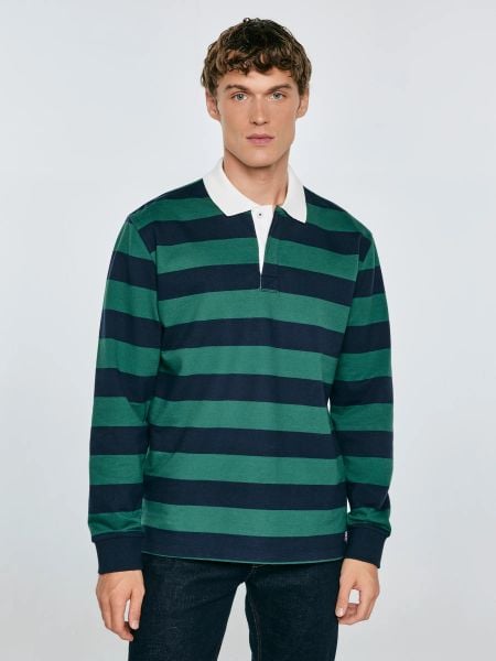 Koszulka męska polo z długim rękawem w pasy granatowo-zielona Miker 403. Niebieskie bluzki z długim rękawem BIG STAR, l, z aplikacjami, z dzianiny, bez kołnierzyka, bez ramiączek. W wyprzedaży za 99.99 zł.