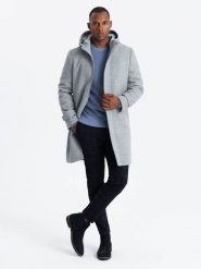 Monochromatyczny długi męski płaszcz z kapturem – szary melanż V1 OM-COWC-22FW-005 - XXL. Szare płaszcze Ombre Clothing, l, bez wzorów, z materiału, eleganckie, z kapturem. Za 329.99 zł.