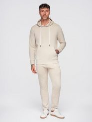 Komplet dresowy męski set bluza z kapturem + spodnie regular fit - beżowy V1 - Rozmiar: L. Brązowe bluzy z kapturem Ombre Clothing, l, z aplikacjami, z bawełny, z kapturem. Za 339.99 zł.