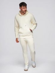 Komplet dresowy męski set bluza z kapturem + spodnie regular fit - kremowy V11. Białe bluzy z kapturem Ombre Clothing, m, z aplikacjami, z bawełny, z kapturem. Za 339.99 zł.