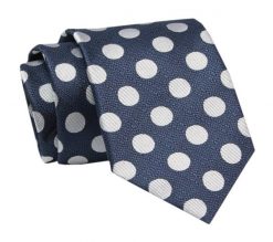 Elegancki, Klasyczny, Męski Krawat -ALTIES - Granat w Duże Grochy. Niebieskie krawaty i muchy Alties, bez wzorów, z tkaniny. Za 49.00 zł.