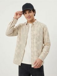 Bawełniana koszula relaxed fit w kratę - beżowy. Brązowe koszule Sinsay, l, bez wzorów, z bawełny, bez kołnierzyka, bez ramiączek. Za 69.99 zł.