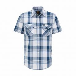 LEE SS REGULAR SHIRT MĘSKA KOSZULA MATERIAŁOWA NAVY L66VMF35 112116671. Niebieskie koszule Lee, l, bez wzorów, z materiału, bez kołnierzyka, bez ramiączek. Za 129.99 zł.