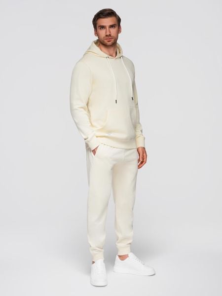Bawełniany męskie komplet dresowy bluza kangurka + spodnie joggery - kremowy V11 - Rozmiar: L. Białe joggery i bojówki Ombre Clothing, l, z aplikacjami, z bawełny, klasyczne. W wyprzedaży za 237.99 zł.
