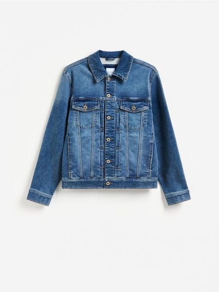 Kurtka jeansowa z efektem sprania - niebieski. Niebieskie kurtki Reserved, l, bez wzorów, z denimu, bez kaptura. Za 169.99 zł.