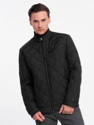 Ocieplana kurtka męska BIKER pikowana we wzór karo - czarna V1 OM-JALP-22FW-006 - XXL. Czarne kurtki Ombre Clothing, m, bez wzorów, bez kaptura. W wyprzedaży za 199.99 zł.