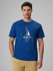 4F T-shirt relaxed z nadrukiem męski - niebieski M. Niebieskie t-shirty 4F, m, bez wzorów, z bawełny, bez kołnierzyka, bez ramiączek. Za 69.99 zł.