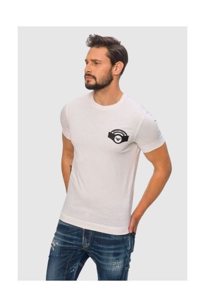 EMPORIO ARMANI Biały t-shirt męski z wyszywanym logo, Rozmiar XL. Białe t-shirty Emporio Armani, m, bez wzorów, prążkowane, bez kołnierzyka, bez ramiączek. W wyprzedaży za 208.99 zł.