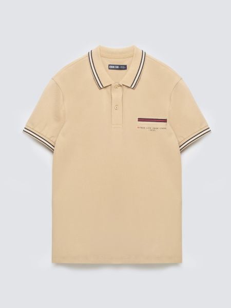 Koszulka męska polo z kontrastowym wykoŅczeniem beżowa Polos 801. Brązowe koszulki polo BIG STAR, na lato, l, bez wzorów, z bawełny, bez kołnierzyka, bez ramiączek. W wyprzedaży za 99.99 zł.