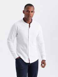 Męska koszula bawełniana SLIM FIT ze stójką w kolorowe paski – biała V1 OM-SHCS-0178 - XXL. Białe koszule Ombre Clothing, m, bez wzorów, z bawełny, bez kołnierzyka, bez ramiączek. W wyprzedaży za 109.99 zł.