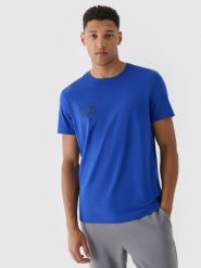 4F T-shirt regular z nadrukiem męski - niebieski L. Niebieskie t-shirty 4F, l, bez wzorów, z bawełny, bez kołnierzyka, bez ramiączek. W wyprzedaży za 29.99 zł.