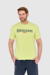 BLAUER Zielony męski t-shirt z dużym logo. Zielone t-shirty Blauer USA, l, bez wzorów, bez kołnierzyka, bez ramiączek. W wyprzedaży za 129.99 zł.