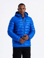 Kurtka męska pikowana z kapturem - niebieska V1. Niebieskie kurtki Ombre Clothing, m, bez wzorów, z nylonu, z kapturem. W wyprzedaży za 119.99 zł.