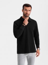 Bluza męska z kołnierzykiem polo ze strukturalnej dzianiny - czarna V8 OM-SSNZ-0149 - XL. Czarne bluzy Ombre Clothing, l, bez wzorów, z bawełny, bez kaptura. W wyprzedaży za 59.99 zł.